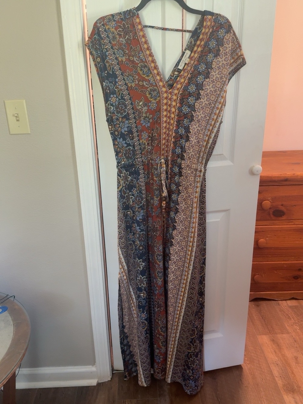 Alchemy Thread L Boho Floral Border Print Maxi Dress Tie Waist